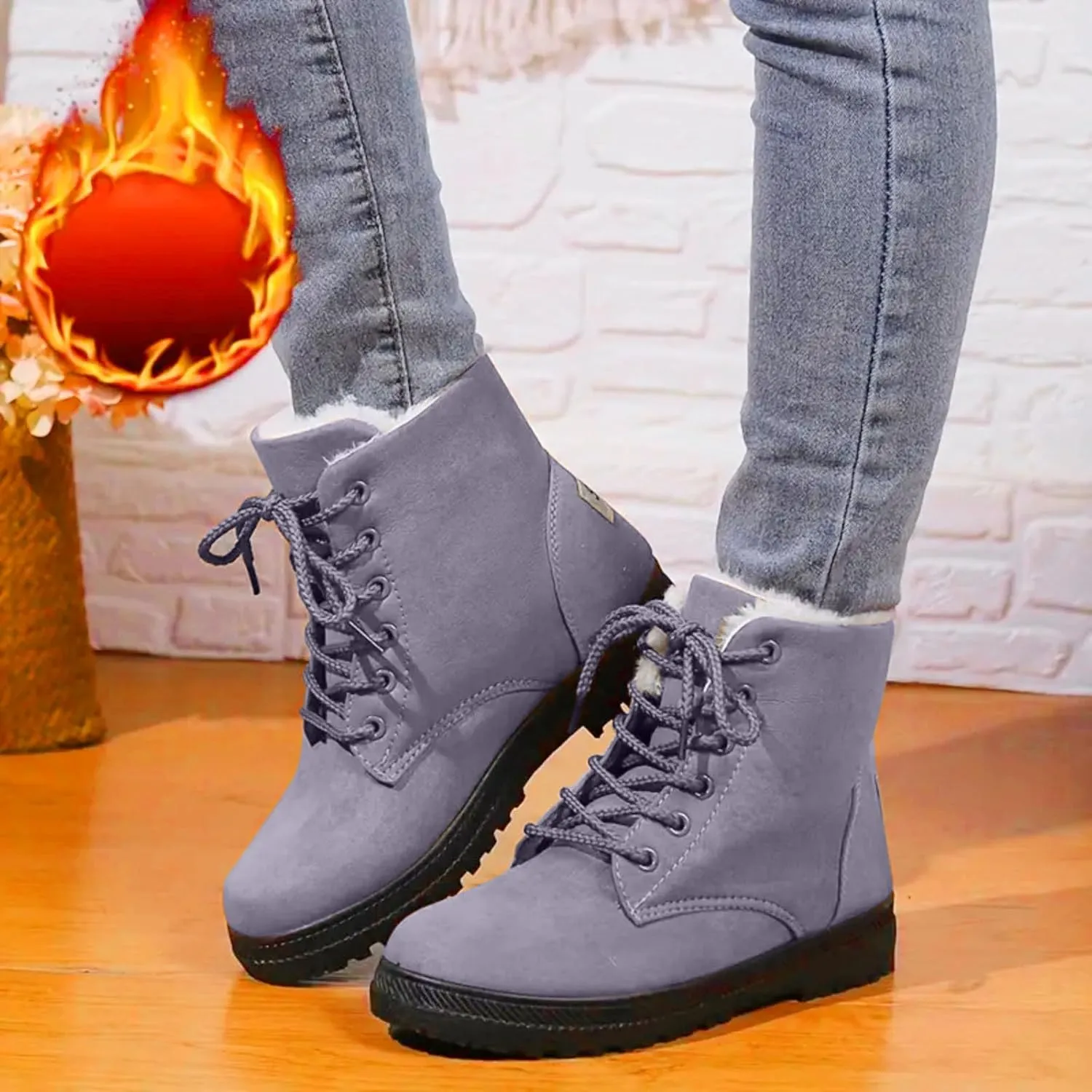 Winter Boots for Women Wide Width,Warm Fur Lined Snow Boots Casual Lace Up Ankle Boots Platform Round ToeFlat Boots