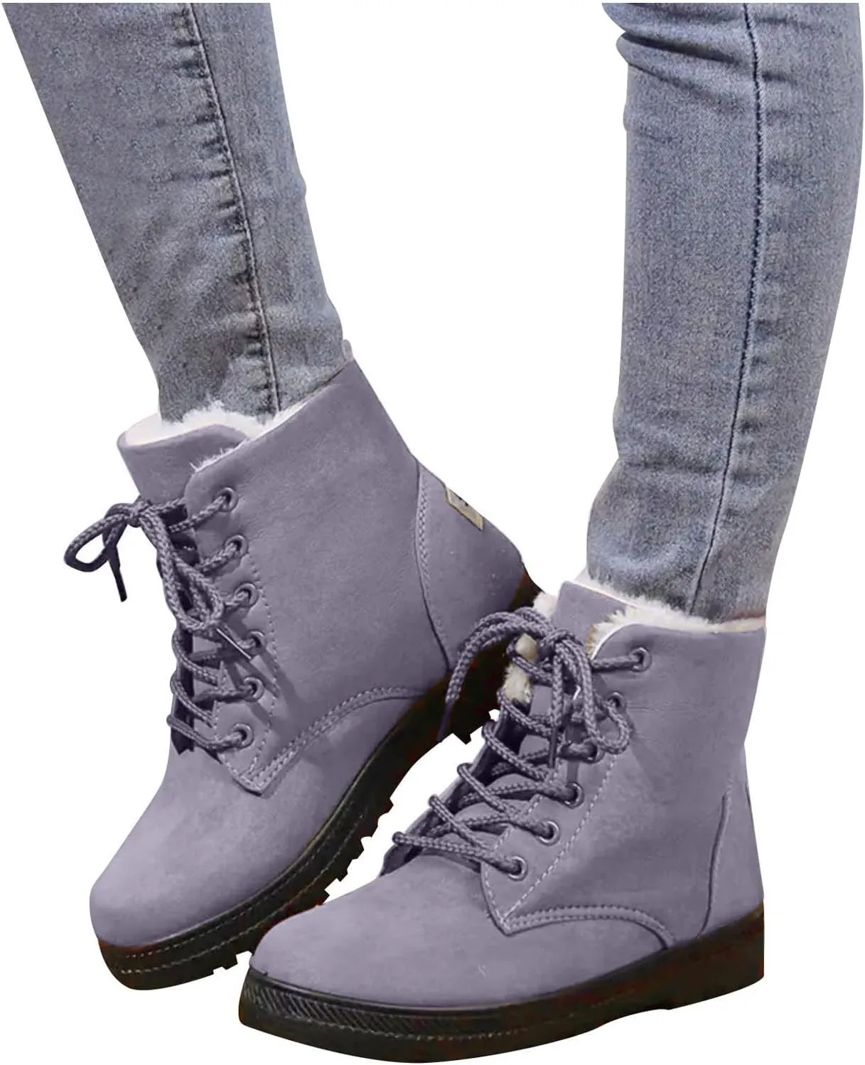 Winter Boots for Women Wide Width,Warm Fur Lined Snow Boots Casual Lace Up Ankle Boots Platform Round ToeFlat Boots