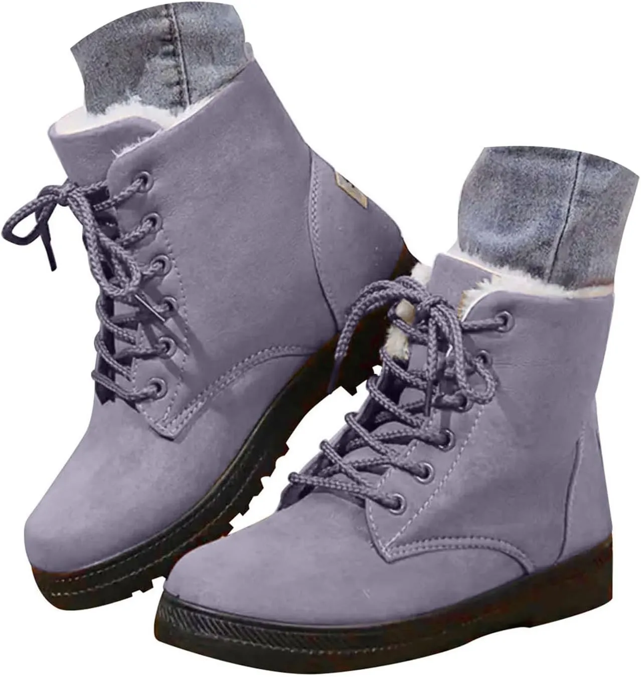 Winter Boots for Women Wide Width,Warm Fur Lined Snow Boots Casual Lace Up Ankle Boots Platform Round ToeFlat Boots