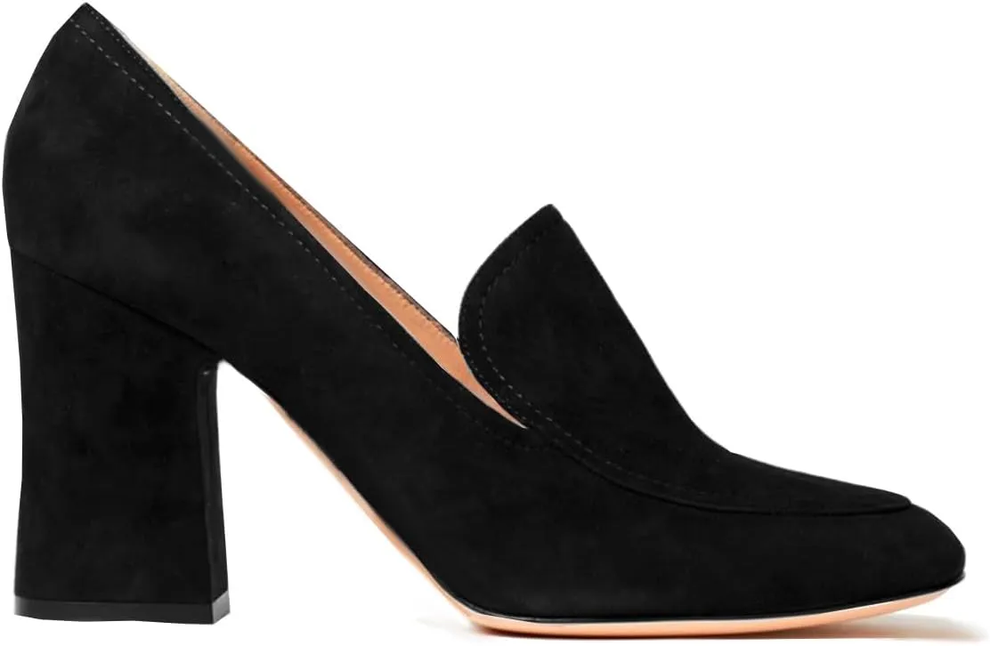 Women Chunky Block Heel Pumps Square Closed Toe Slip On Oxford Loafers Shoes 3 Inch High Heels Work Pump Suede Loafer for Office Ladies Classic Formal Business Professional Comfort 4-11 M US