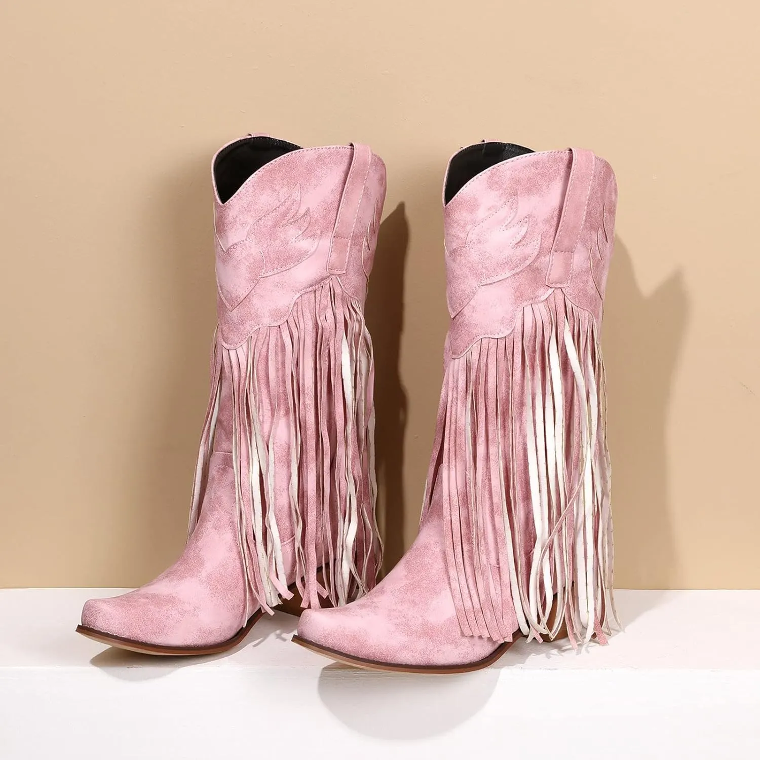 Women Mid Calf Boots Fashion Western Boots Women Fashion Western Chunky Heel Pointed Toe Tassel Fashion Women Boots