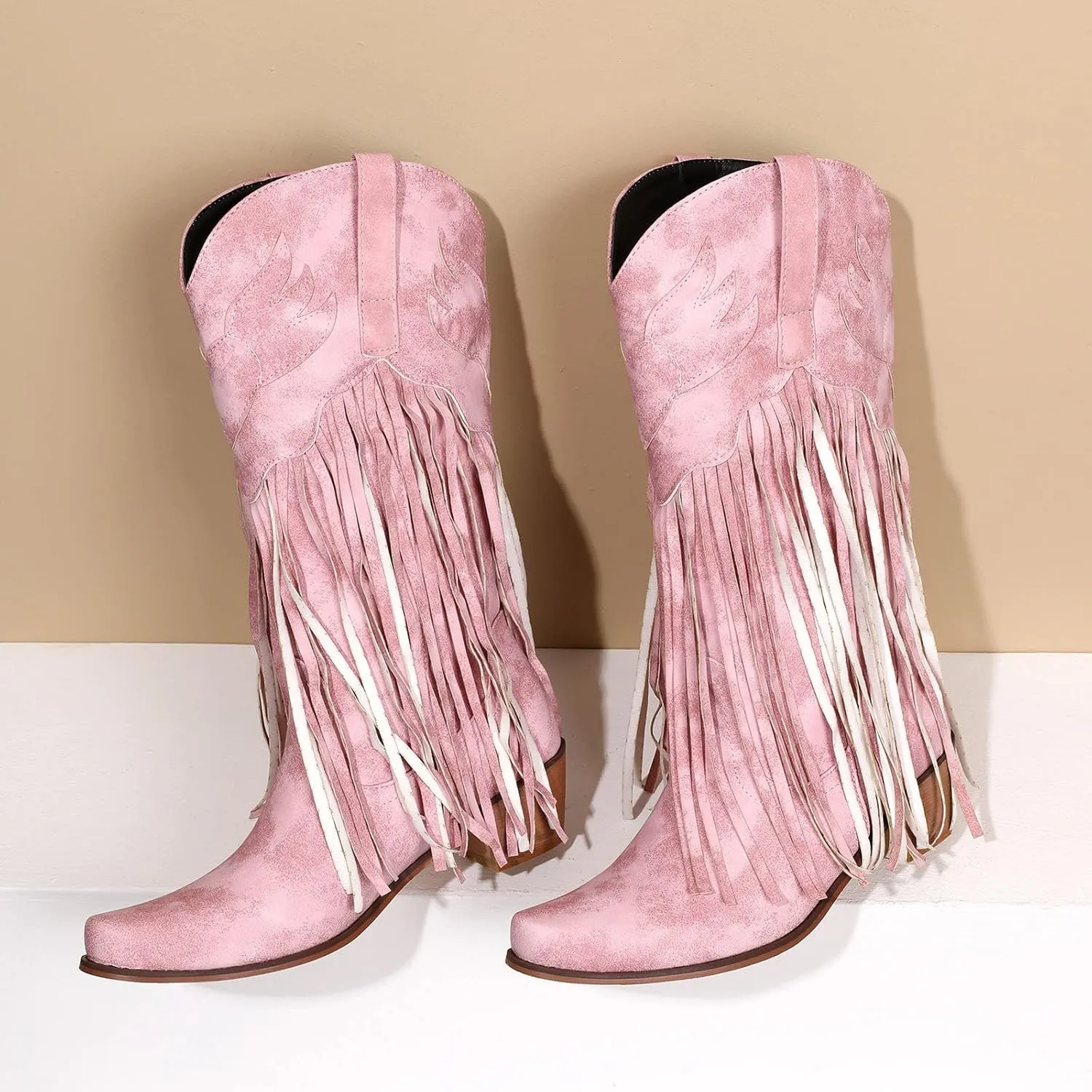 Women Mid Calf Boots Fashion Western Boots Women Fashion Western Chunky Heel Pointed Toe Tassel Fashion Women Boots