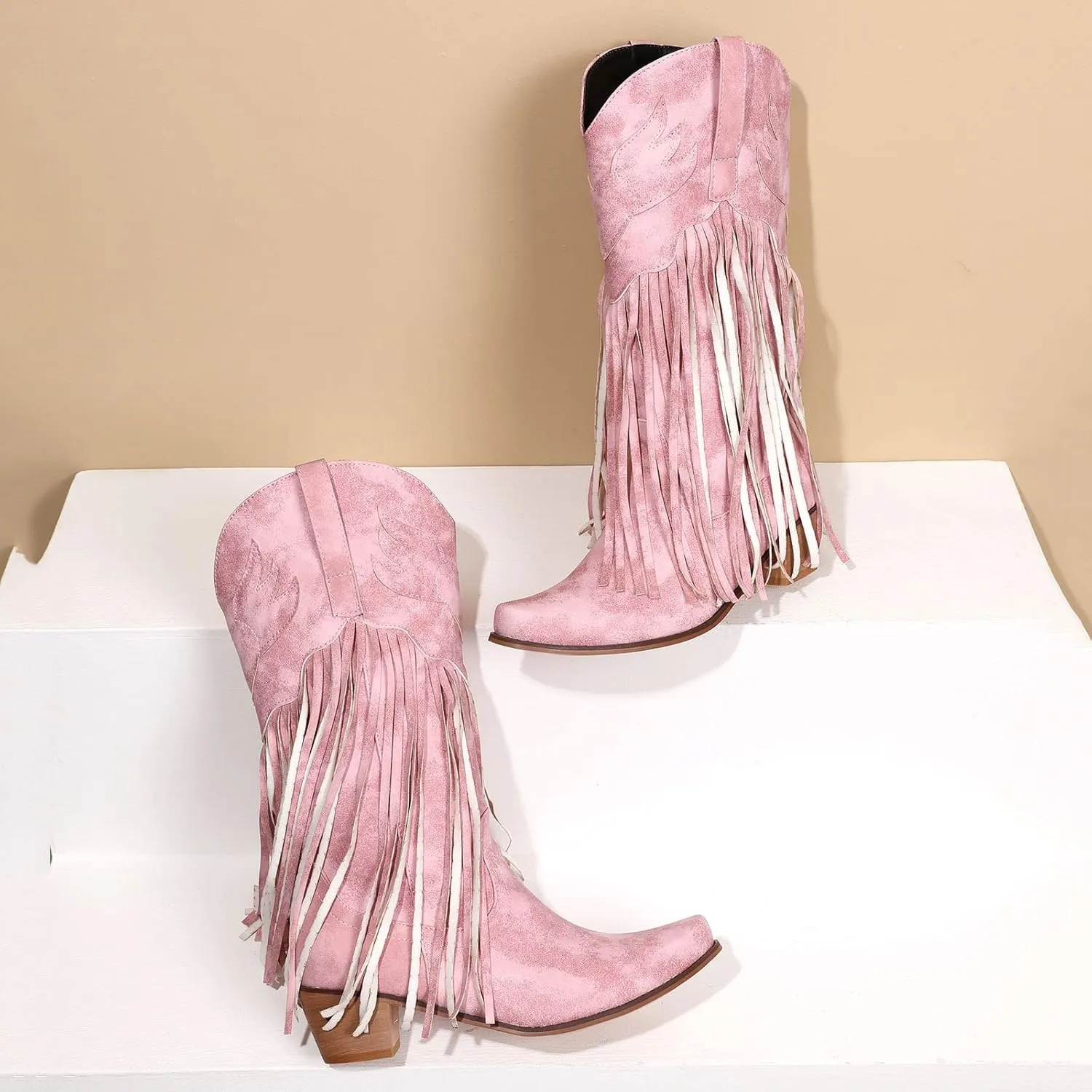 Women Mid Calf Boots Fashion Western Boots Women Fashion Western Chunky Heel Pointed Toe Tassel Fashion Women Boots