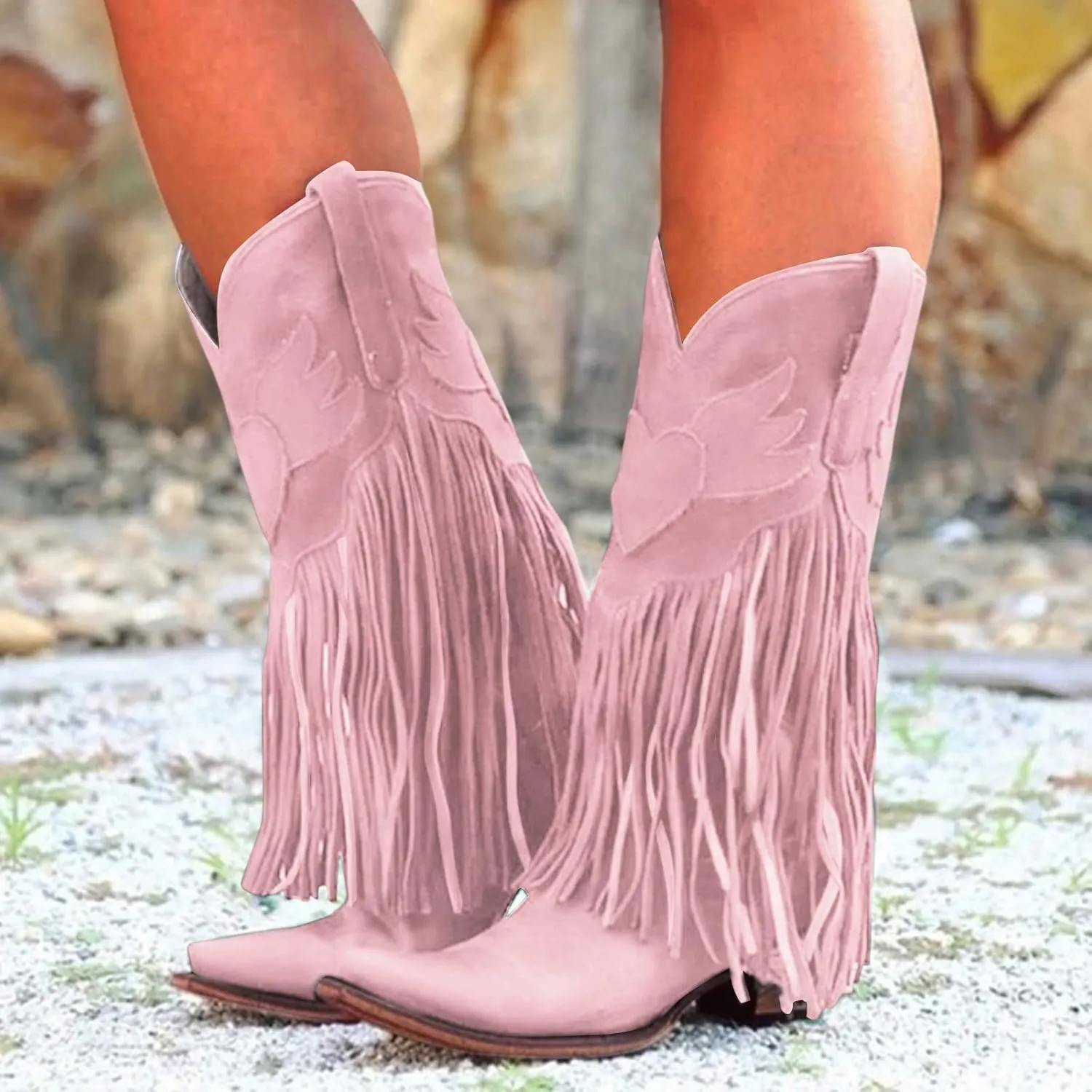 Women Mid Calf Boots Fashion Western Boots Women Fashion Western Chunky Heel Pointed Toe Tassel Fashion Women Boots