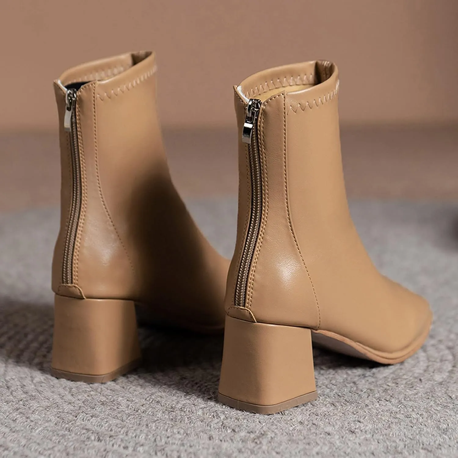 Womens Ankle Boots Chelsea Boots Women Fashion Women Artificial Leather Fall Thick Sole Square Heels Square Toe Shoes