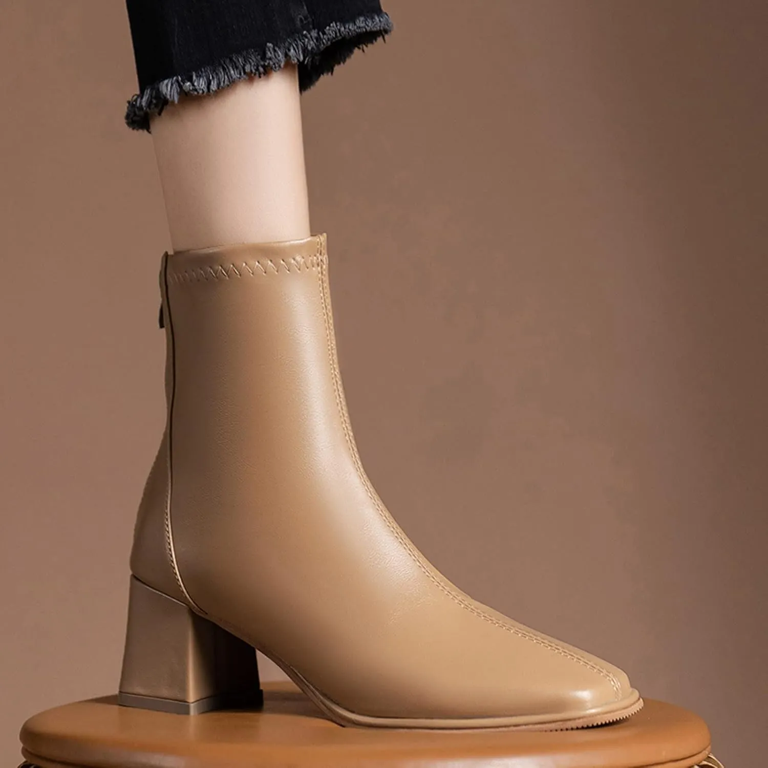 Womens Ankle Boots Chelsea Boots Women Fashion Women Artificial Leather Fall Thick Sole Square Heels Square Toe Shoes