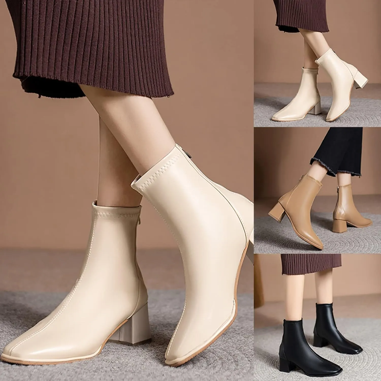 Womens Ankle Boots Chelsea Boots Women Fashion Women Artificial Leather Fall Thick Sole Square Heels Square Toe Shoes