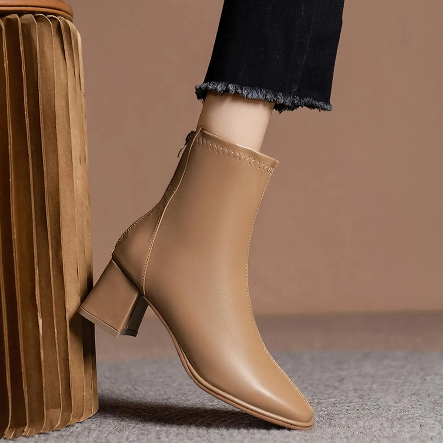 Womens Ankle Boots Chelsea Boots Women Fashion Women Artificial Leather Fall Thick Sole Square Heels Square Toe Shoes