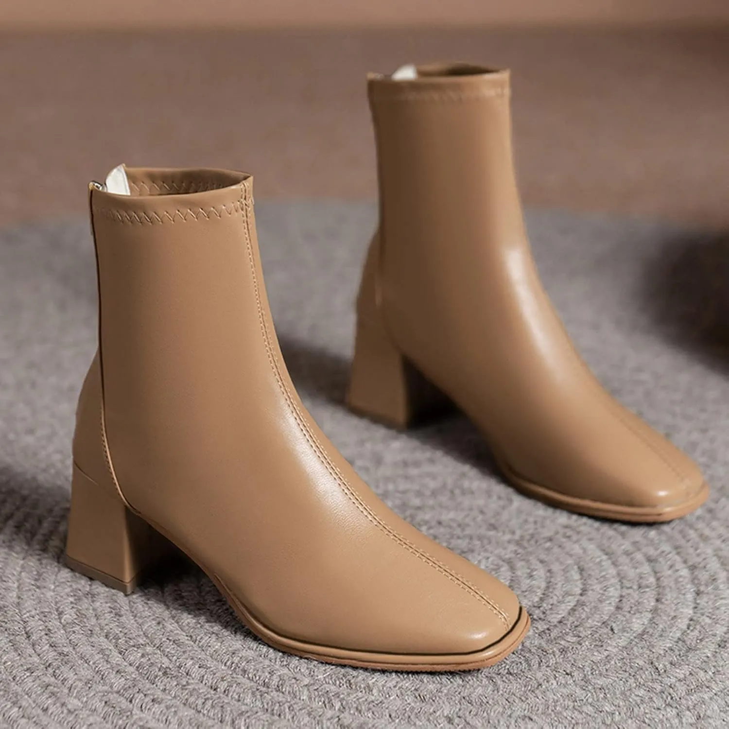 Womens Ankle Boots Chelsea Boots Women Fashion Women Artificial Leather Fall Thick Sole Square Heels Square Toe Shoes