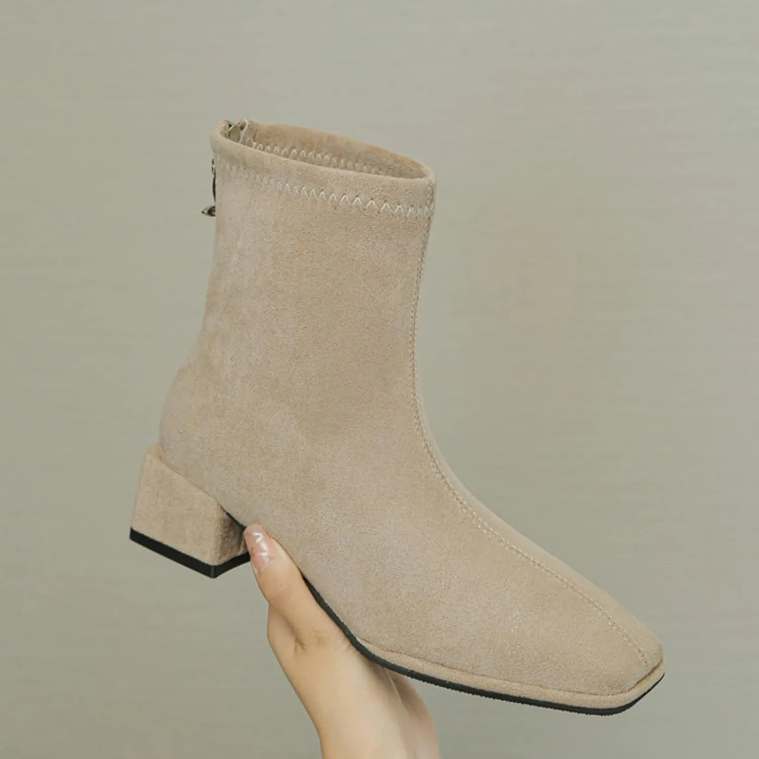 Womens Ankle Boots Chunky Heel Boots Ladies Fashion Solid Color Flock Dressy Square Heel Pointed Toe Flat Casual Boot