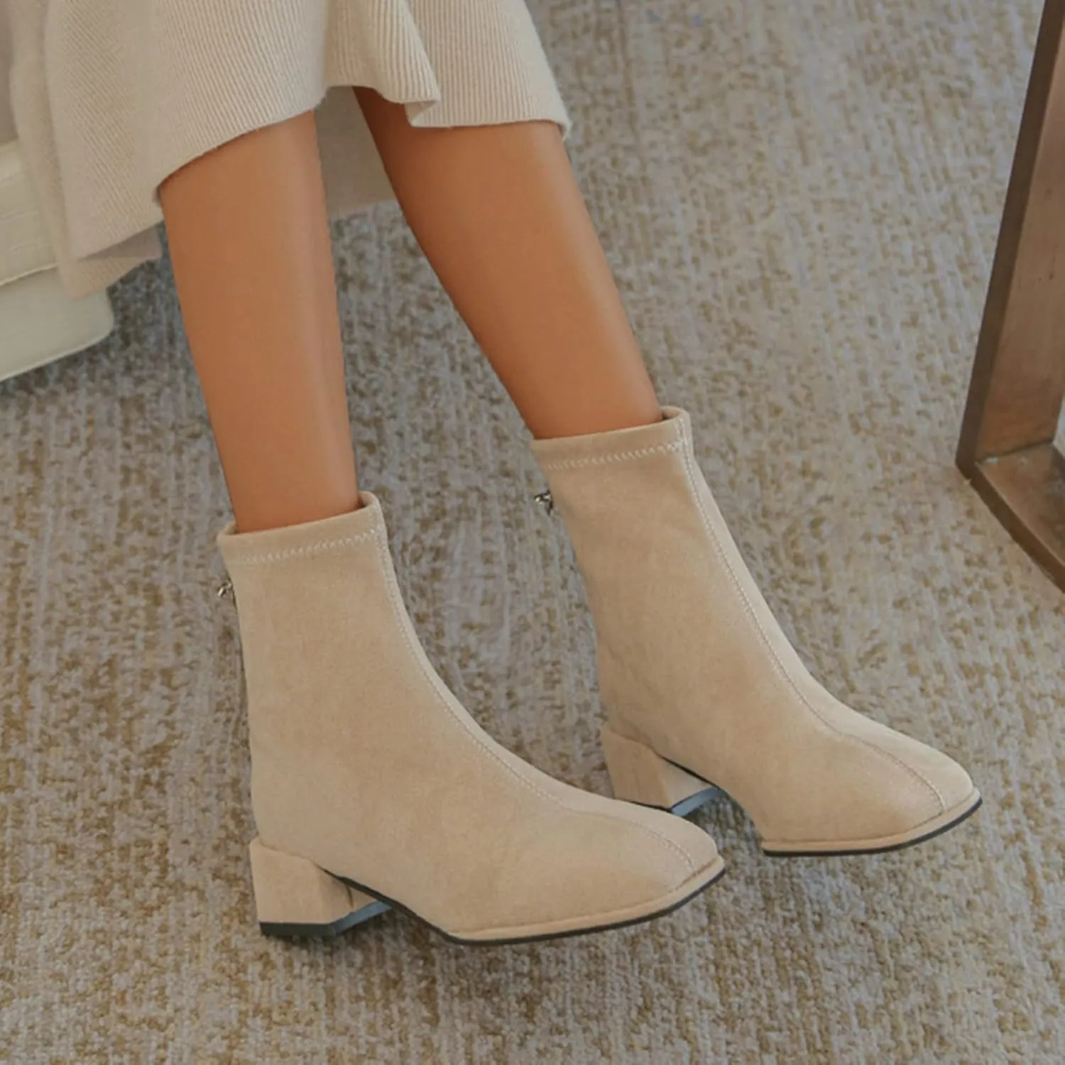 Womens Ankle Boots Chunky Heel Boots Ladies Fashion Solid Color Flock Dressy Square Heel Pointed Toe Flat Casual Boot