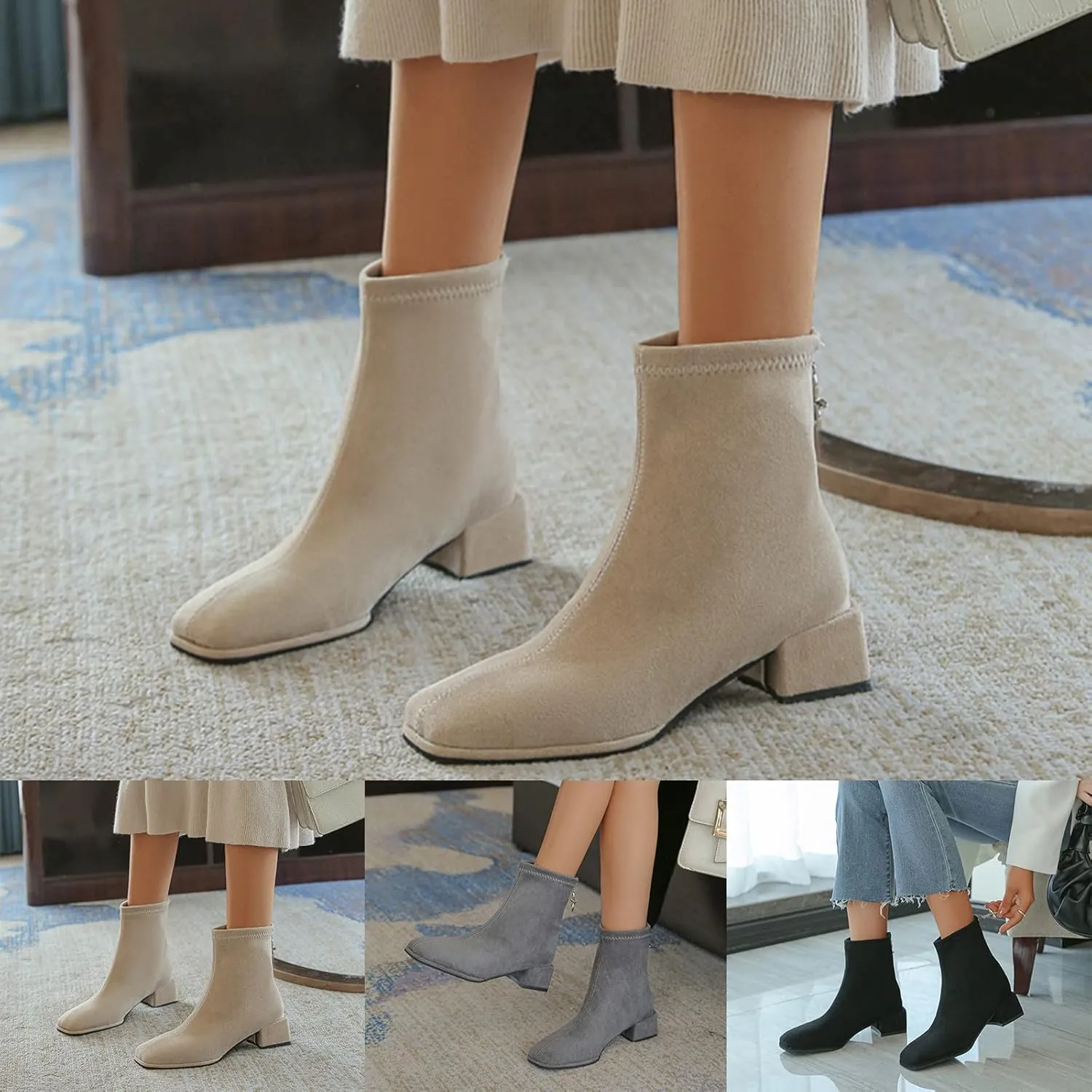Womens Ankle Boots Chunky Heel Boots Ladies Fashion Solid Color Flock Dressy Square Heel Pointed Toe Flat Casual Boot