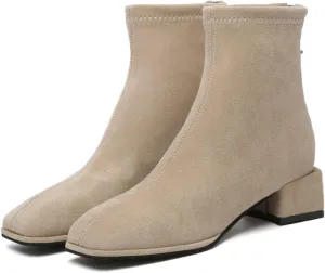 Womens Ankle Boots Chunky Heel Boots Ladies Fashion Solid Color Flock Dressy Square Heel Pointed Toe Flat Casual Boot
