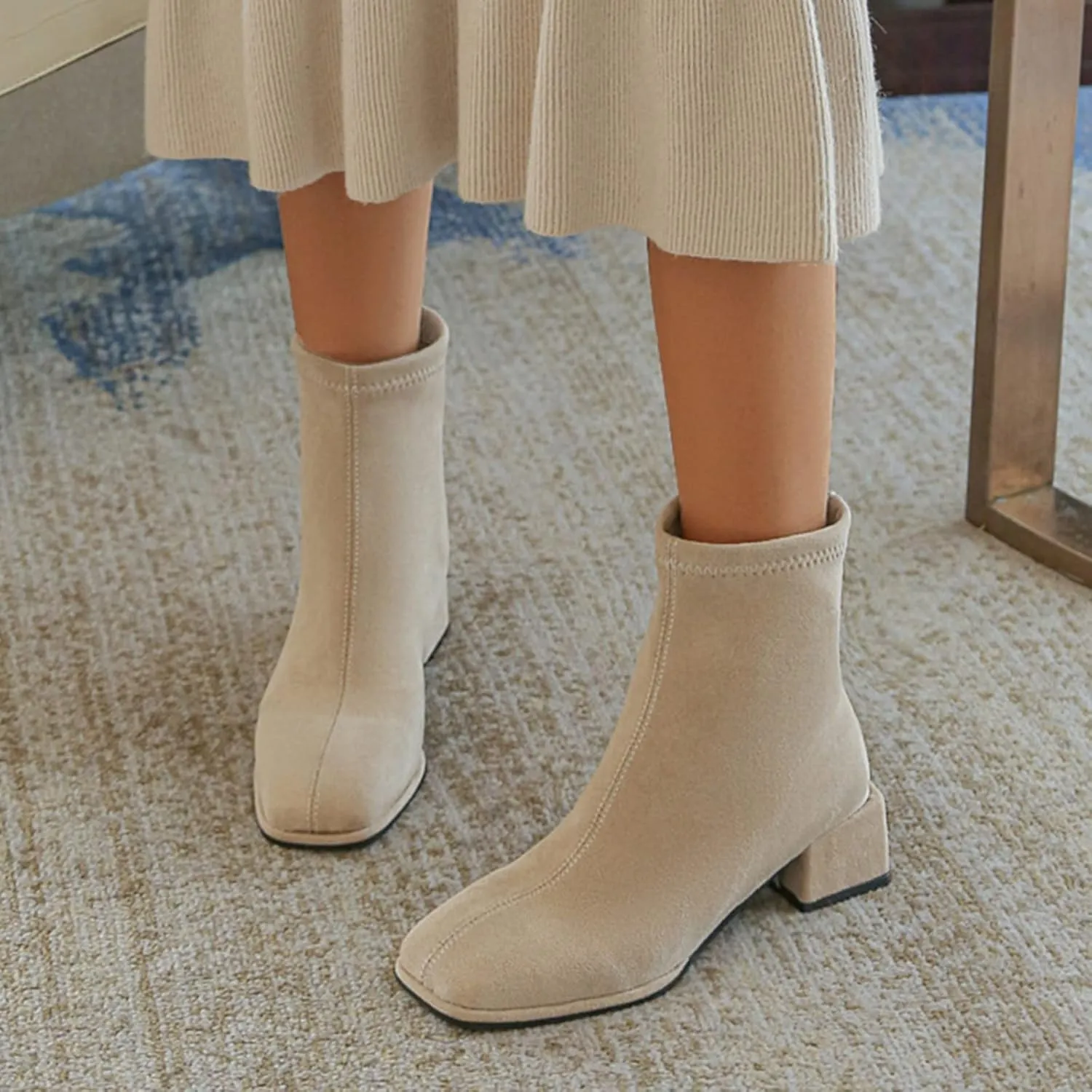 Womens Ankle Boots Chunky Heel Boots Ladies Fashion Solid Color Flock Dressy Square Heel Pointed Toe Flat Casual Boot