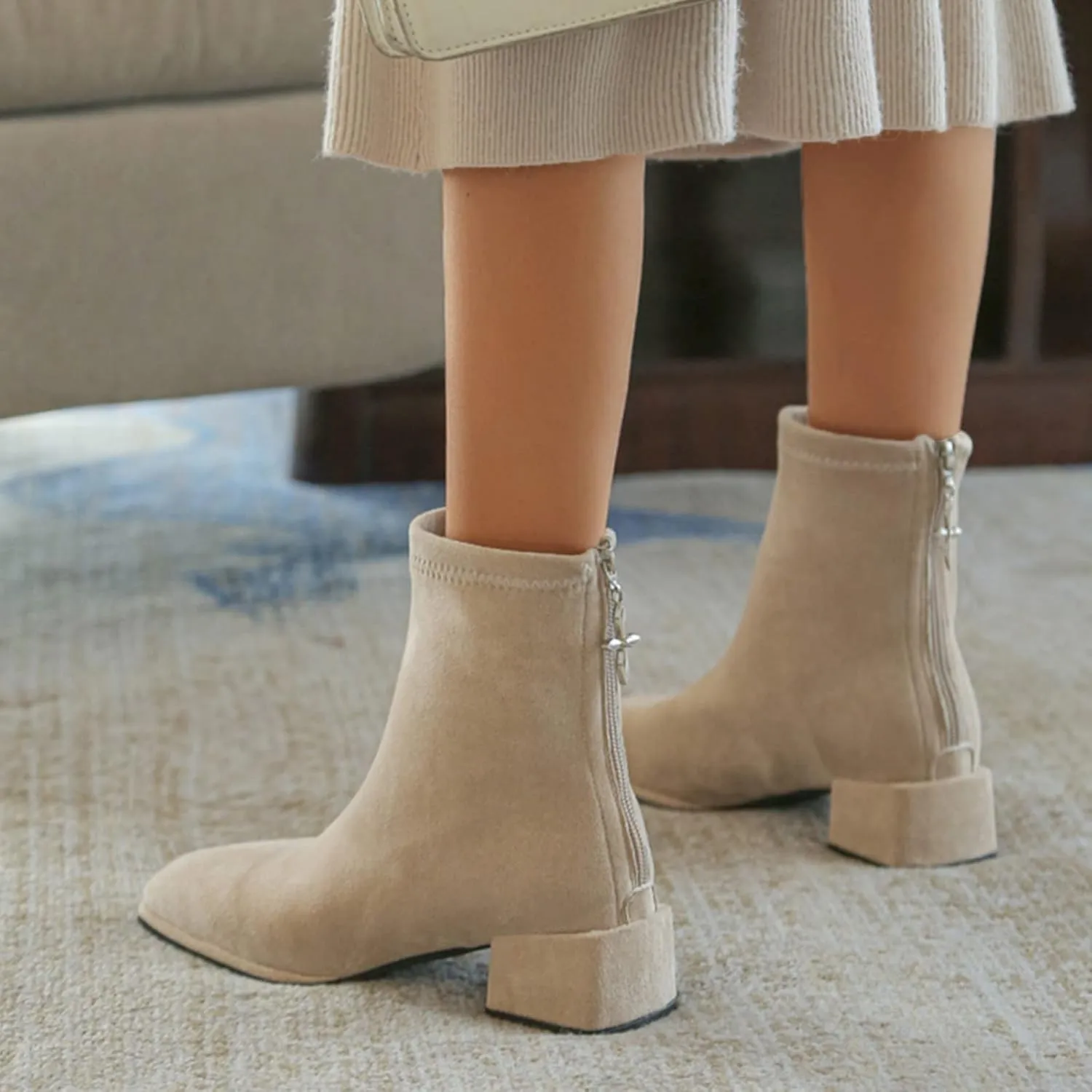 Womens Ankle Boots Chunky Heel Boots Ladies Fashion Solid Color Flock Dressy Square Heel Pointed Toe Flat Casual Boot