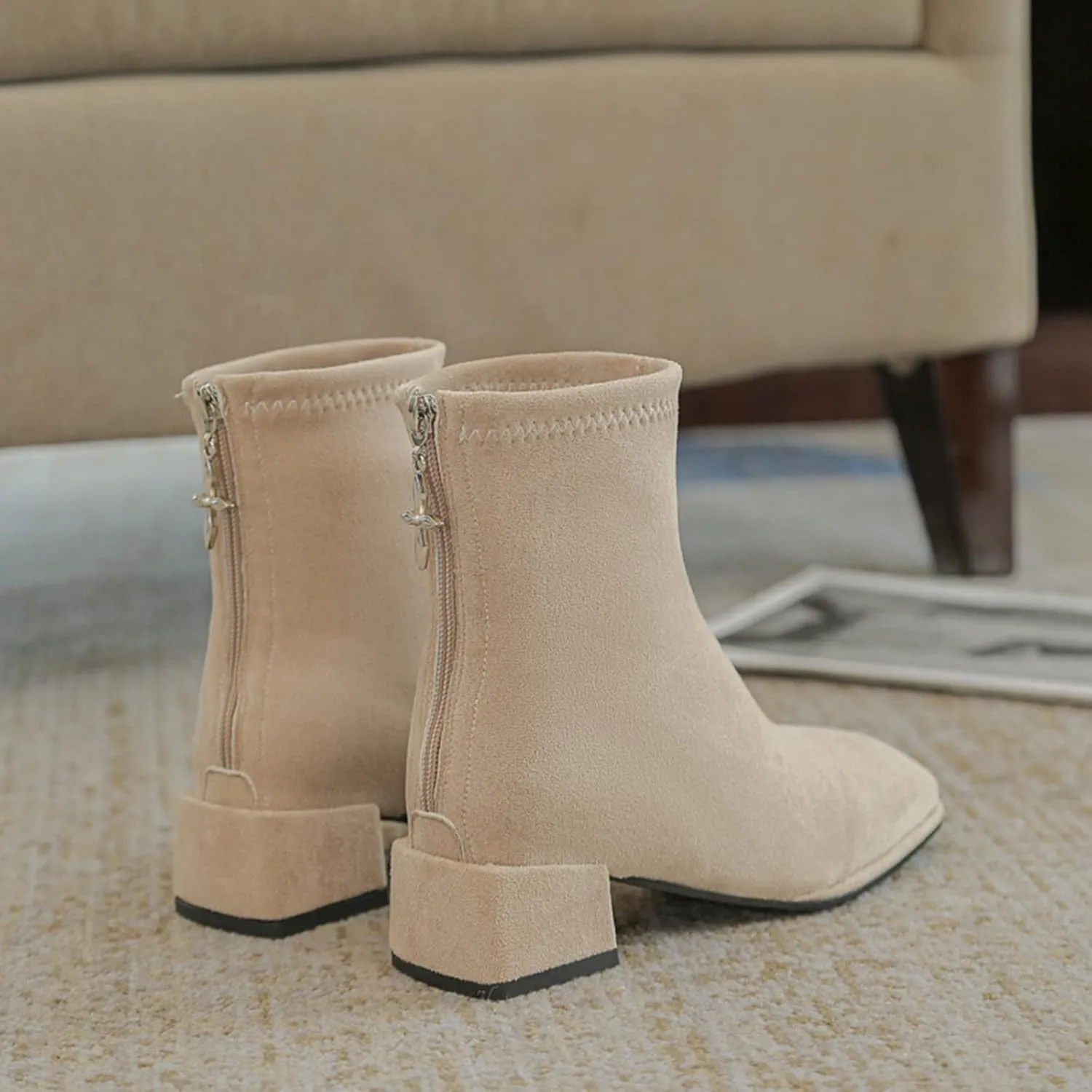 Womens Ankle Boots Chunky Heel Boots Ladies Fashion Solid Color Flock Dressy Square Heel Pointed Toe Flat Casual Boot