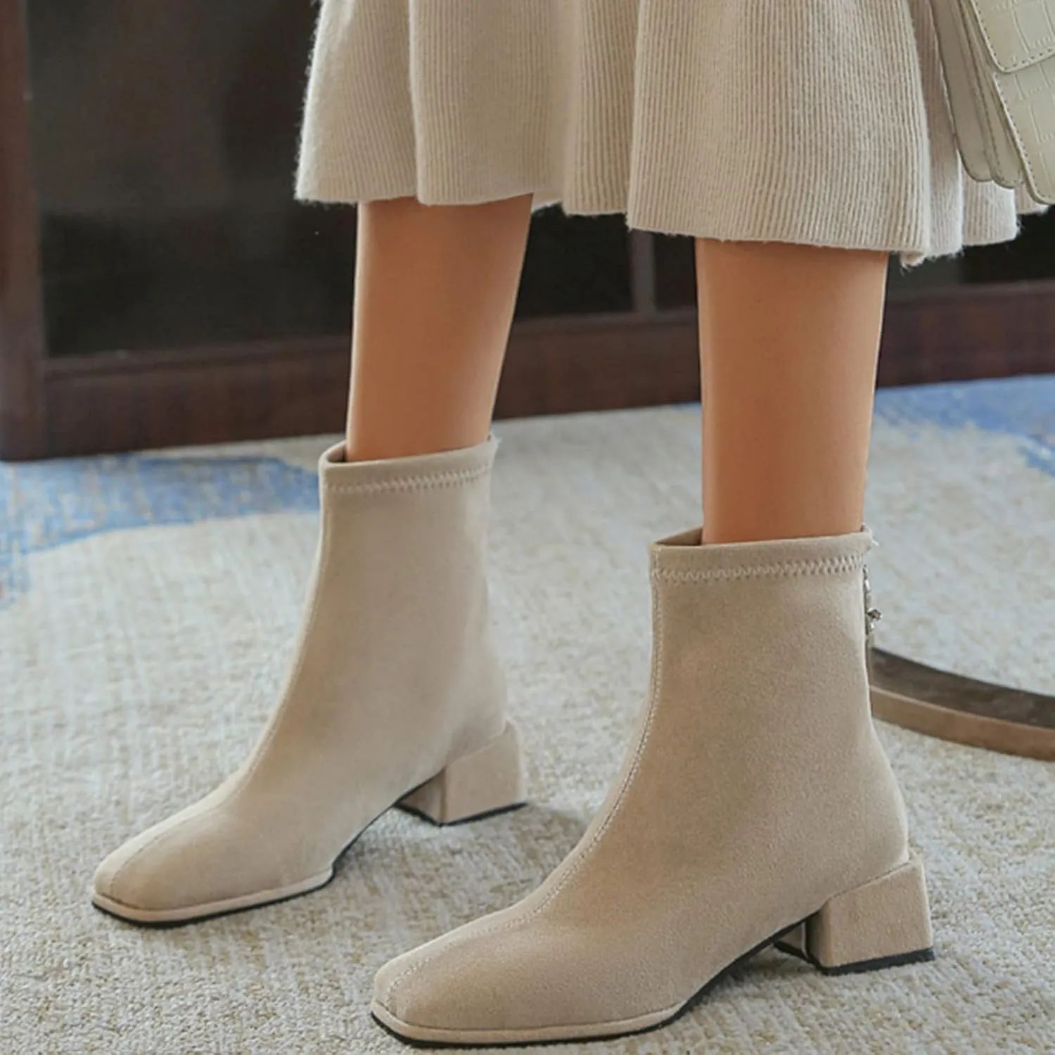 Womens Ankle Boots Chunky Heel Boots Ladies Fashion Solid Color Flock Dressy Square Heel Pointed Toe Flat Casual Boot