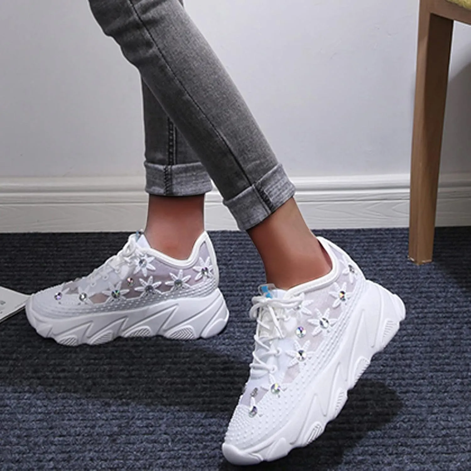 Women's Arch Support Wide Shoes Orthopedic Mesh Rhinestone Platform Wedge-Heel Hollow Lace-Up Sneakers Slip On Shoes for Women Fashion Sneakers Comfort Casual Fall Loafers