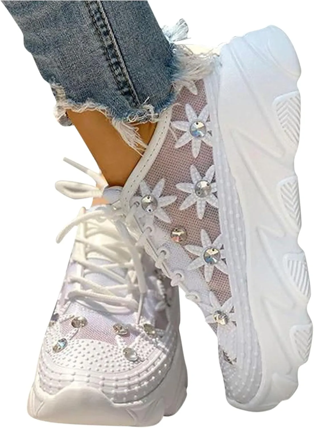 Women's Arch Support Wide Shoes Orthopedic Mesh Rhinestone Platform Wedge-Heel Hollow Lace-Up Sneakers Slip On Shoes for Women Fashion Sneakers Comfort Casual Fall Loafers