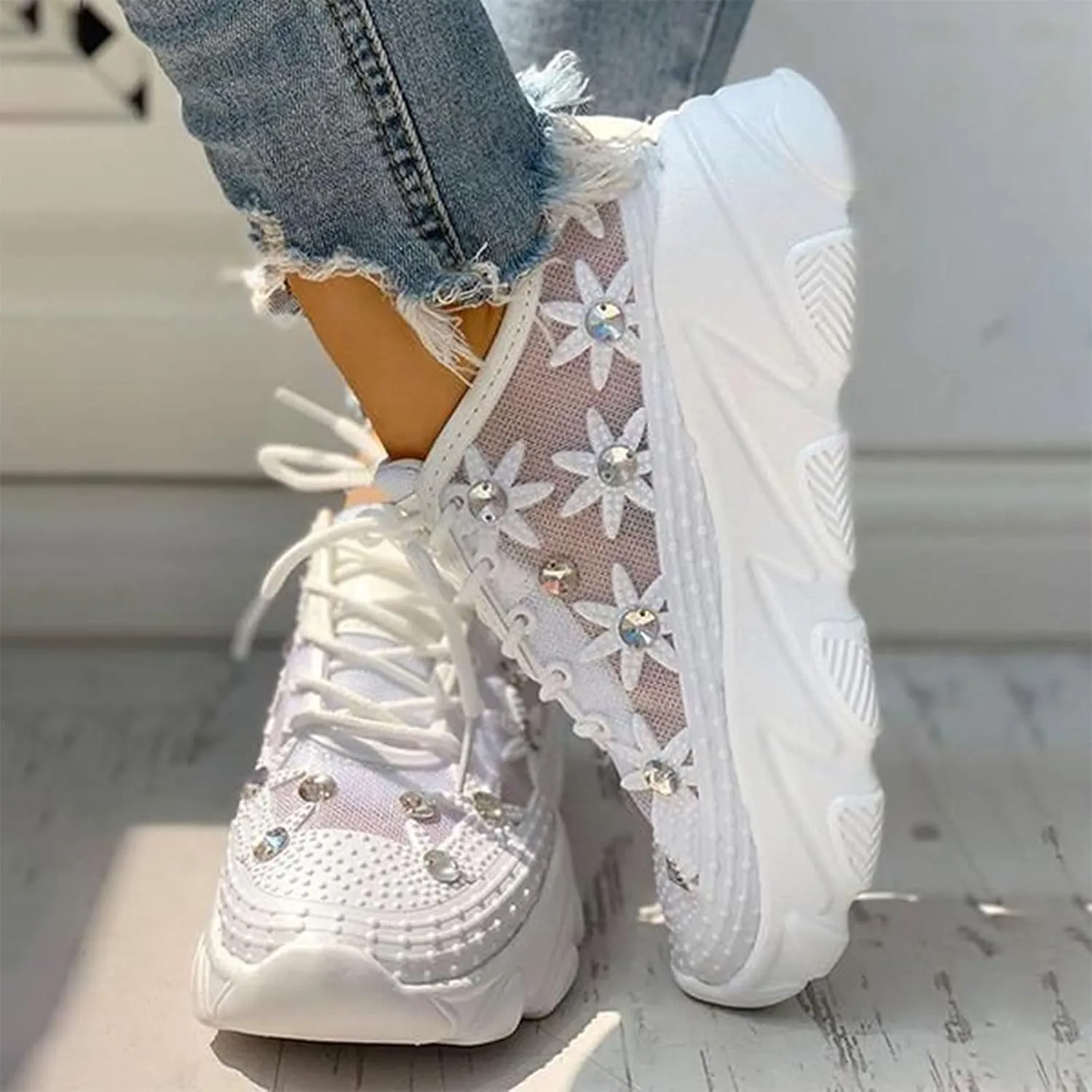 Women's Arch Support Wide Shoes Orthopedic Mesh Rhinestone Platform Wedge-Heel Hollow Lace-Up Sneakers Slip On Shoes for Women Fashion Sneakers Comfort Casual Fall Loafers