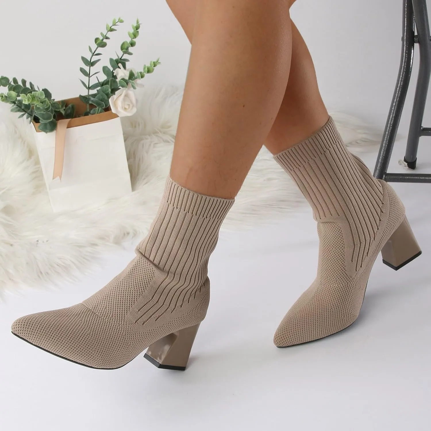 Womens Boots Fashion Knitted Elastic Socks Insulated Warm Boots for Women Thick Heels Cozy Pointed Toe Boots