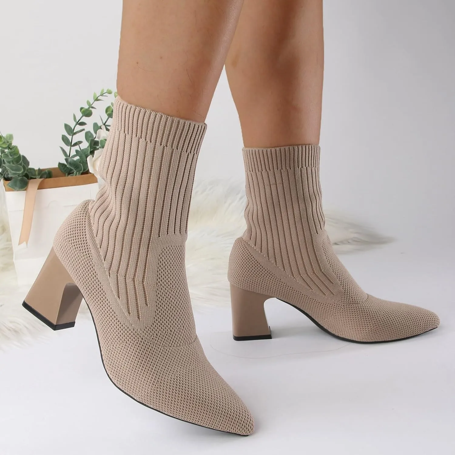 Womens Boots Fashion Knitted Elastic Socks Insulated Warm Boots for Women Thick Heels Cozy Pointed Toe Boots