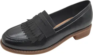 Women's British Style Tassel Penny Loafers Round Toe Slip-On Office Dress Shoes