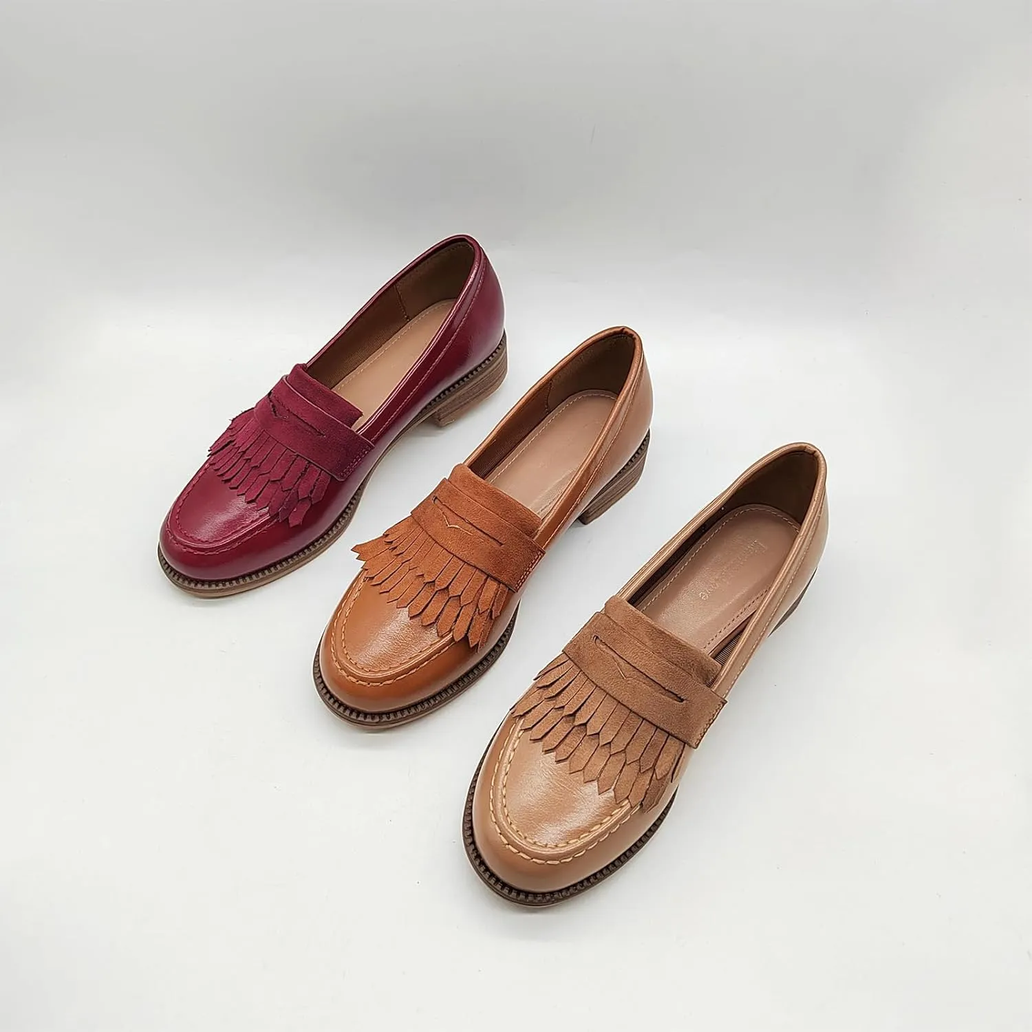 Women's British Style Tassel Penny Loafers Round Toe Slip-On Office Dress Shoes