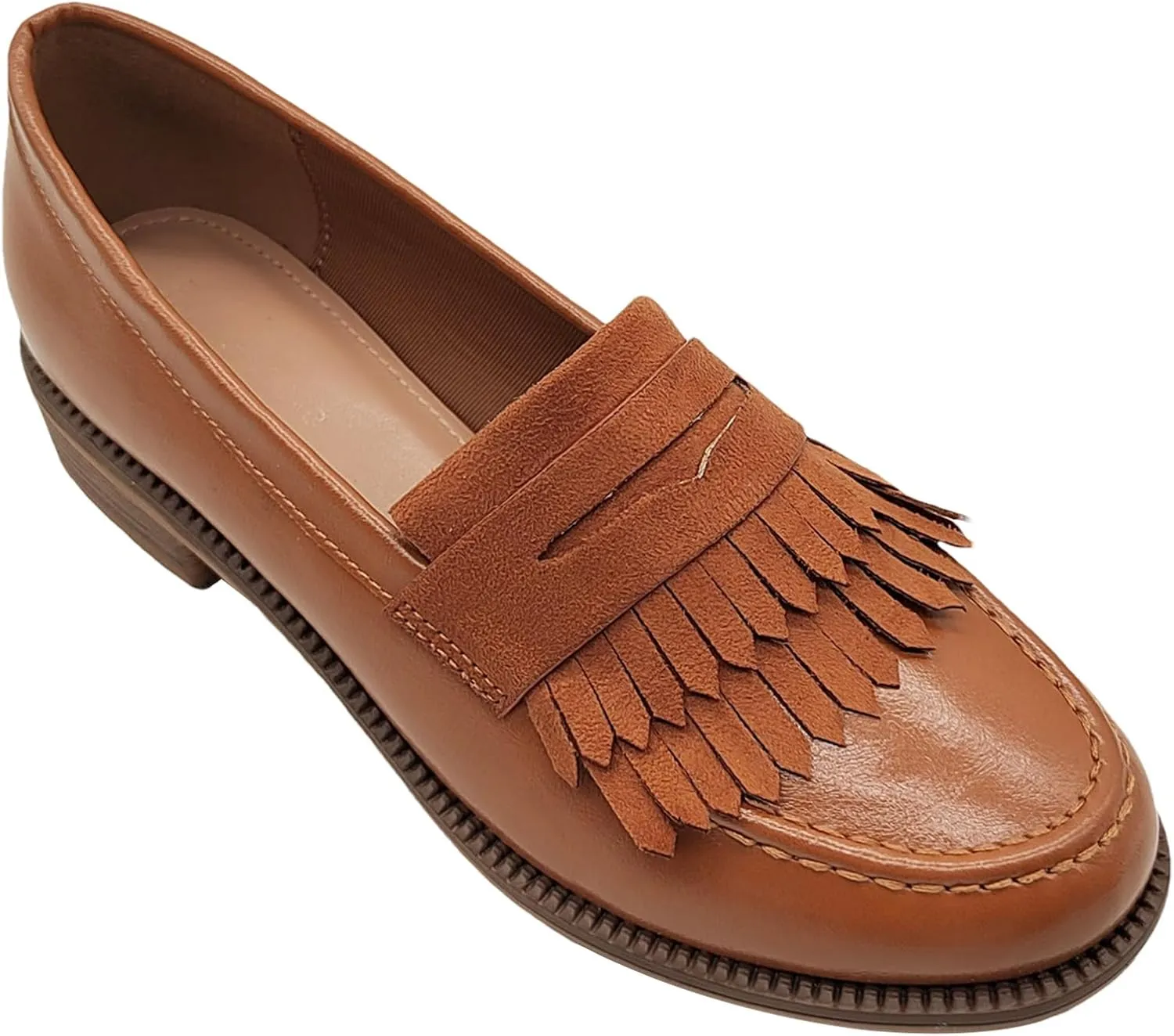 Women's British Style Tassel Penny Loafers Round Toe Slip-On Office Dress Shoes