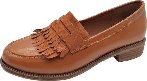 Women's British Style Tassel Penny Loafers Round Toe Slip-On Office Dress Shoes