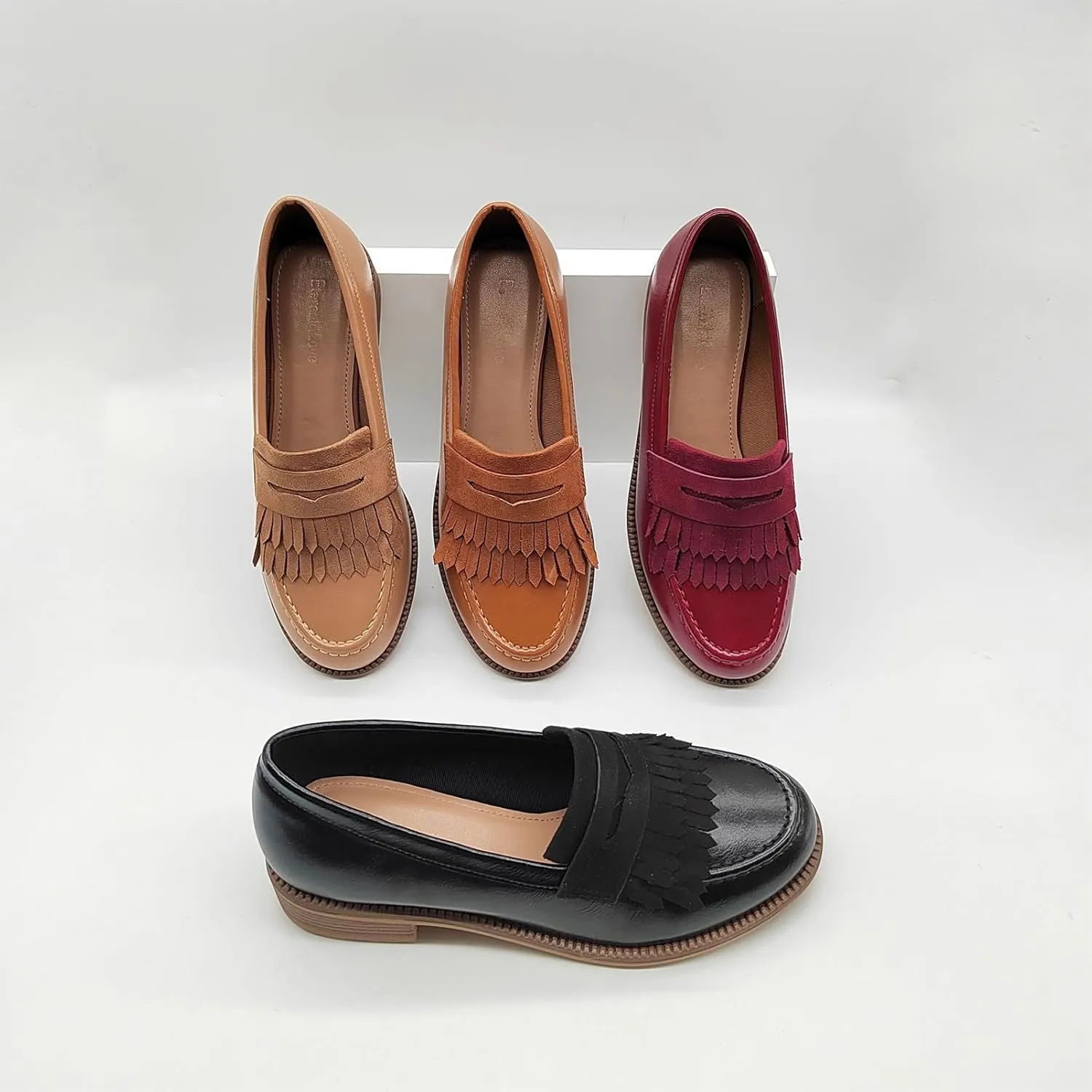 Women's British Style Tassel Penny Loafers Round Toe Slip-On Office Dress Shoes