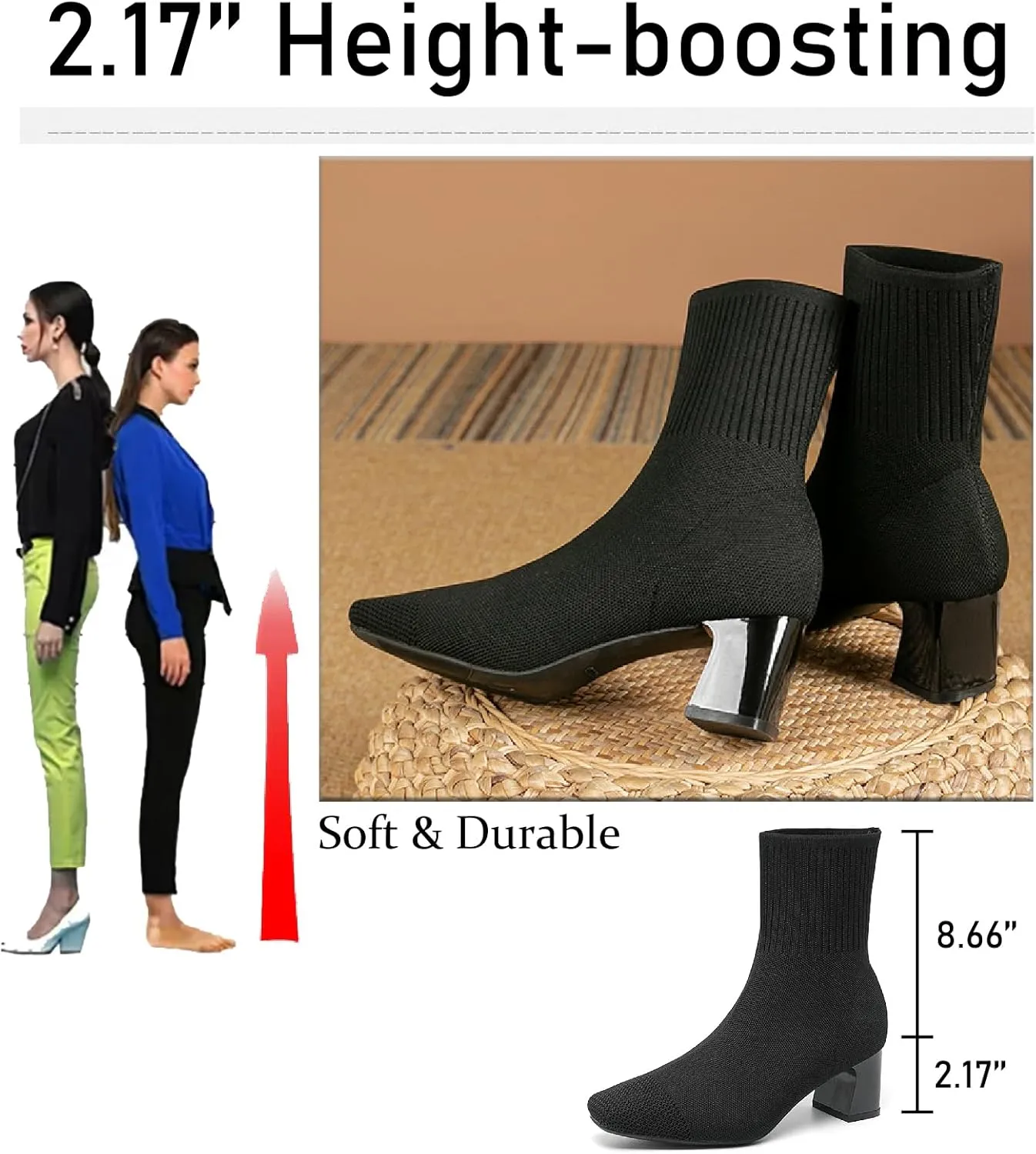 Women's Knit Chunky Heel Ankle Boots Fashion Square Toe Light Pull On Mid Heel Mid Calf Boots Comfortable Breathable Walking Dress Boots