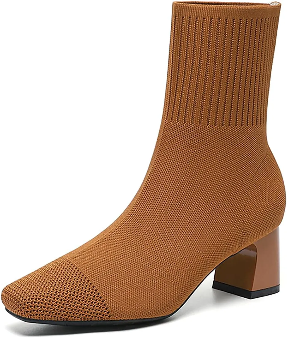 Women's Knit Chunky Heel Ankle Boots Fashion Square Toe Light Pull On Mid Heel Mid Calf Boots Comfortable Breathable Walking Dress Boots