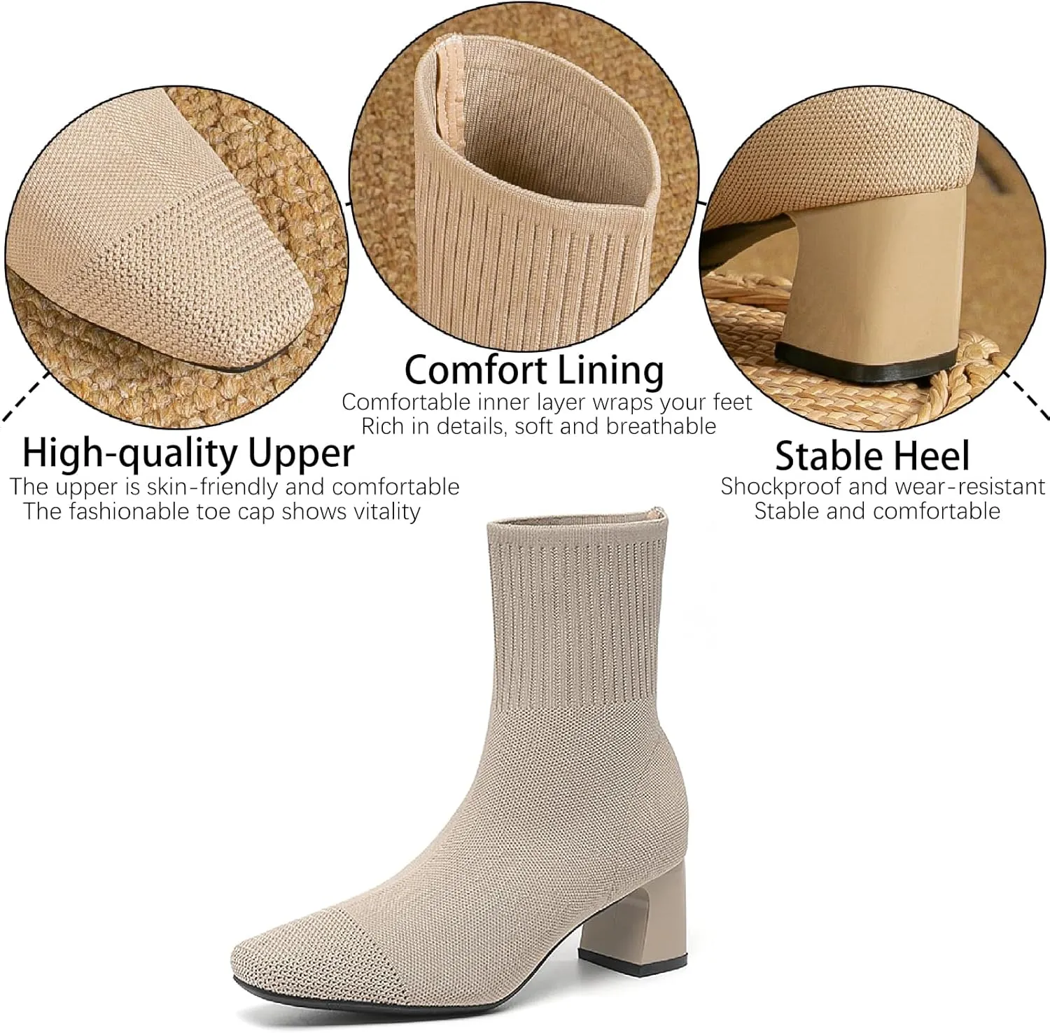 Women's Knit Chunky Heel Ankle Boots Fashion Square Toe Light Pull On Mid Heel Mid Calf Boots Comfortable Breathable Walking Dress Boots