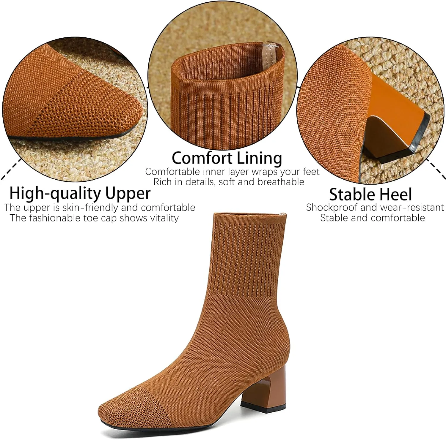 Women's Knit Chunky Heel Ankle Boots Fashion Square Toe Light Pull On Mid Heel Mid Calf Boots Comfortable Breathable Walking Dress Boots