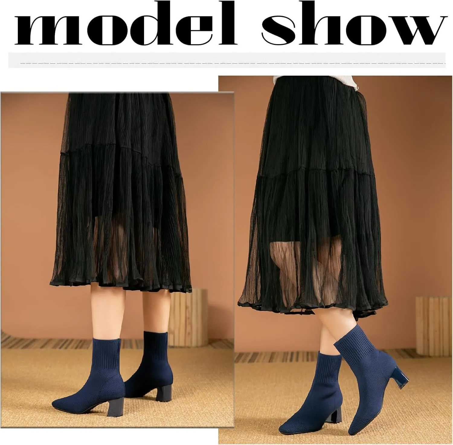 Women's Knit Chunky Heel Ankle Boots Fashion Square Toe Light Pull On Mid Heel Mid Calf Boots Comfortable Breathable Walking Dress Boots