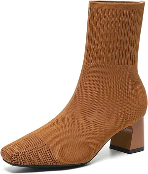 Women's Knit Chunky Heel Ankle Boots Fashion Square Toe Light Pull On Mid Heel Mid Calf Boots Comfortable Breathable Walking Dress Boots