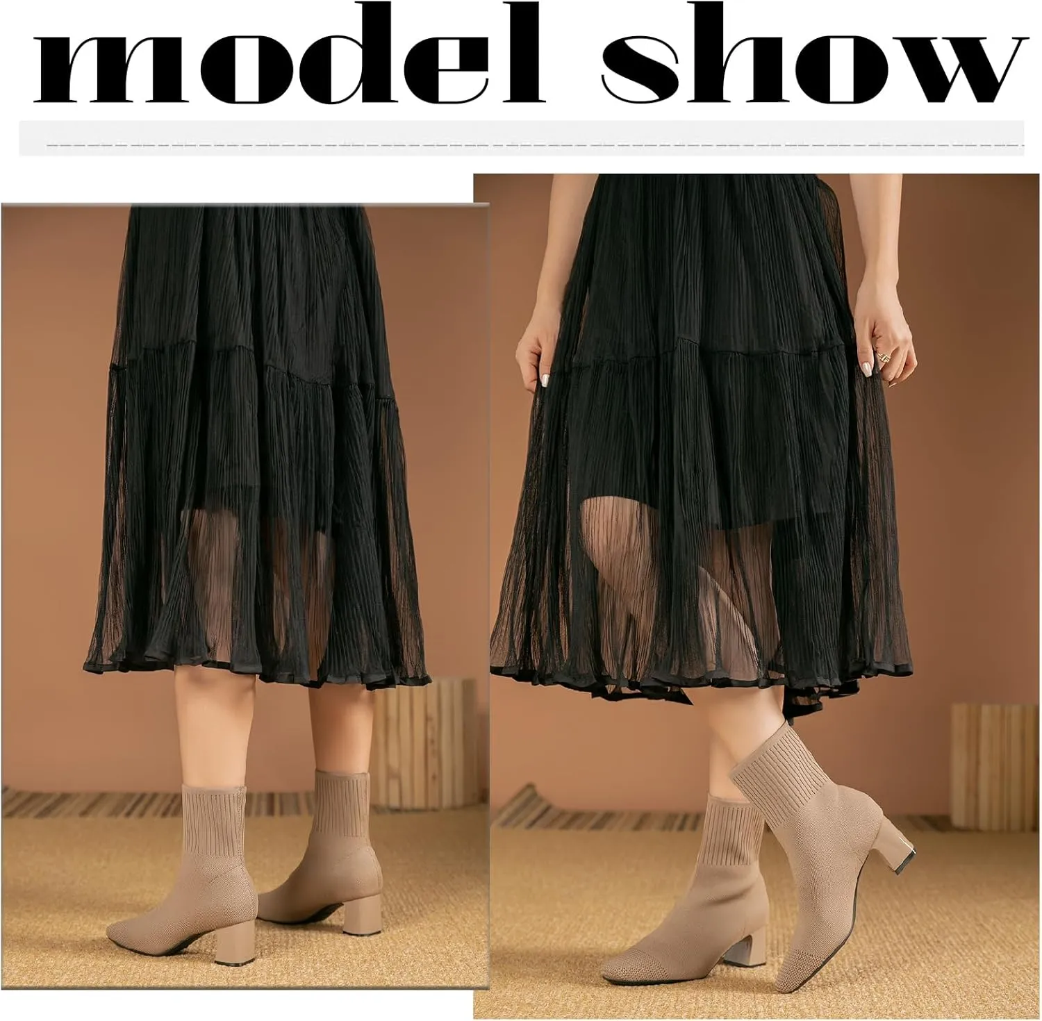 Women's Knit Chunky Heel Ankle Boots Fashion Square Toe Light Pull On Mid Heel Mid Calf Boots Comfortable Breathable Walking Dress Boots