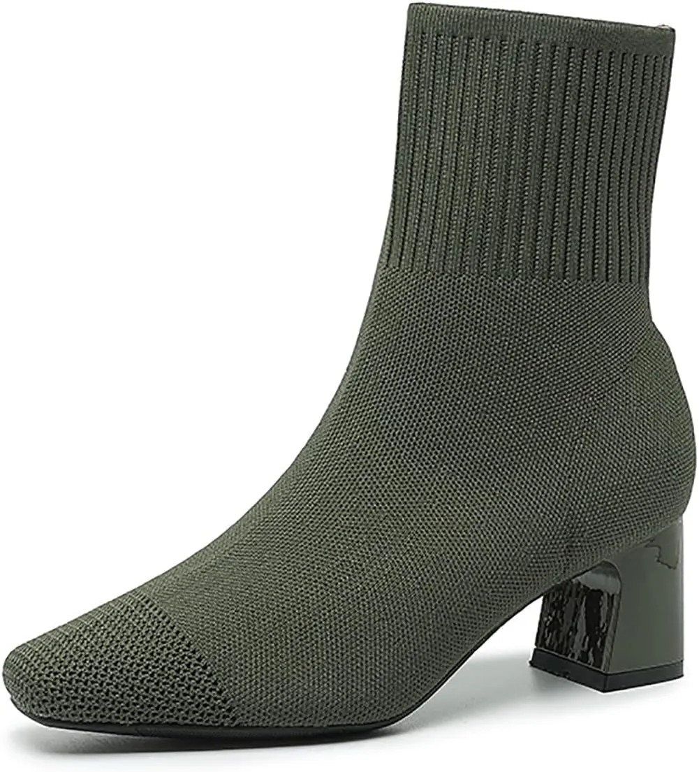 Women's Knit Chunky Heel Ankle Boots Fashion Square Toe Light Pull On Mid Heel Mid Calf Boots Comfortable Breathable Walking Dress Boots