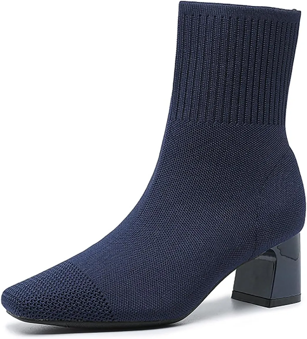 Women's Knit Chunky Heel Ankle Boots Fashion Square Toe Light Pull On Mid Heel Mid Calf Boots Comfortable Breathable Walking Dress Boots