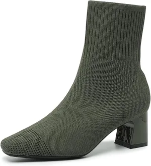 Women's Knit Chunky Heel Ankle Boots Fashion Square Toe Light Pull On Mid Heel Mid Calf Boots Comfortable Breathable Walking Dress Boots