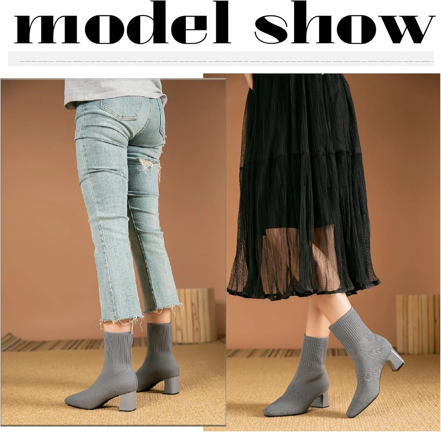 Women's Knit Chunky Heel Ankle Boots Fashion Square Toe Light Pull On Mid Heel Mid Calf Boots Comfortable Breathable Walking Dress Boots