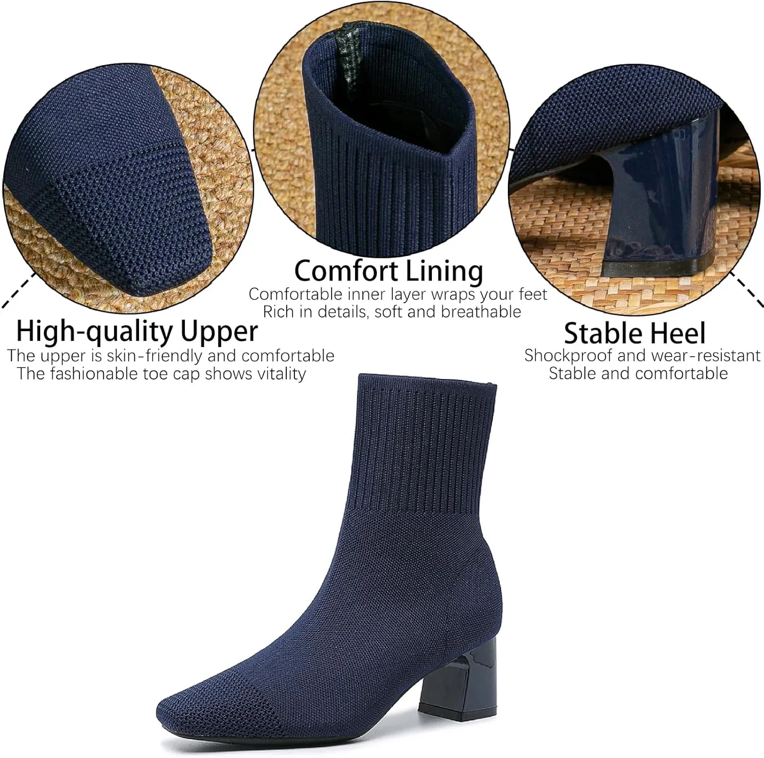 Women's Knit Chunky Heel Ankle Boots Fashion Square Toe Light Pull On Mid Heel Mid Calf Boots Comfortable Breathable Walking Dress Boots