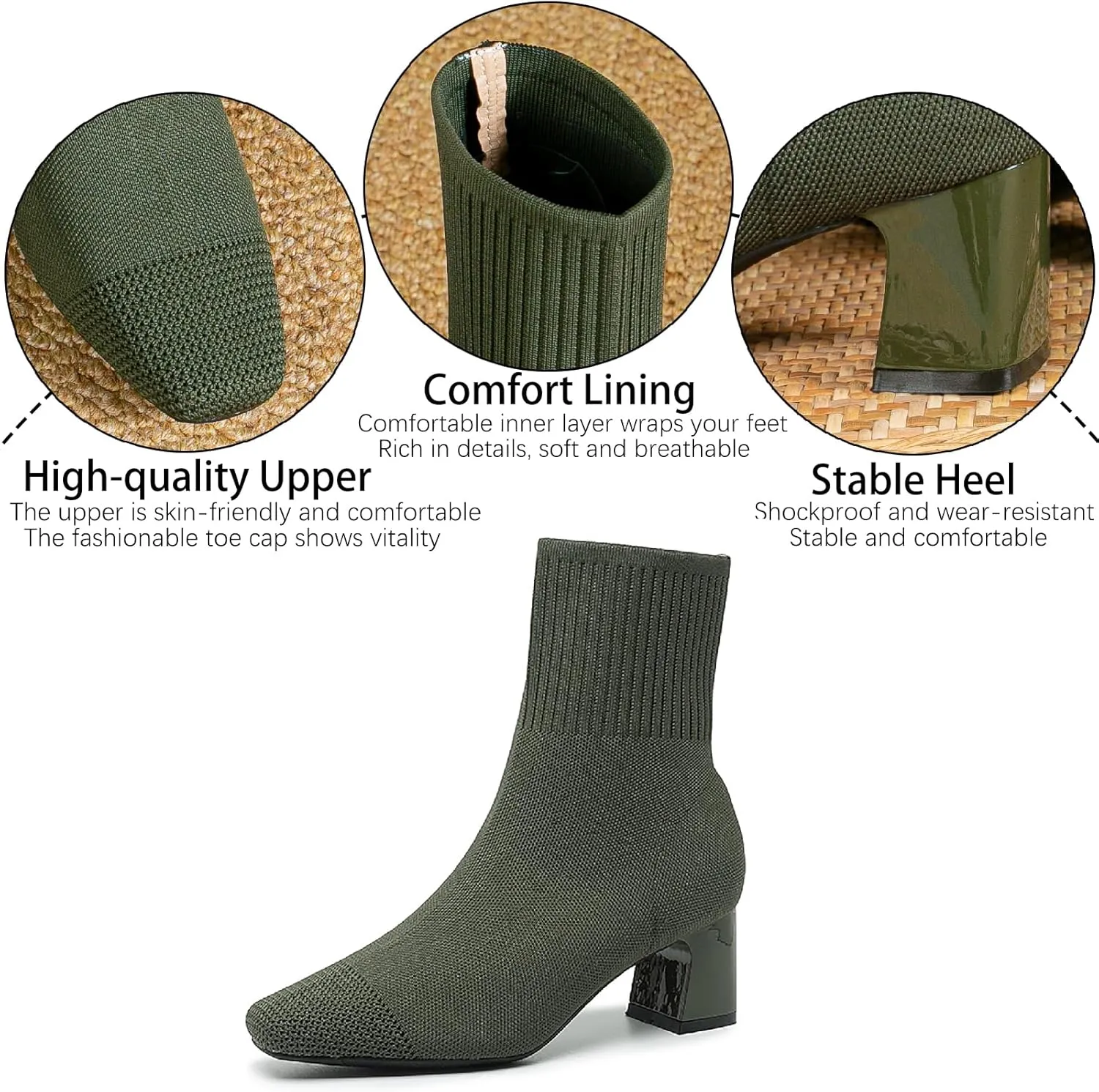 Women's Knit Chunky Heel Ankle Boots Fashion Square Toe Light Pull On Mid Heel Mid Calf Boots Comfortable Breathable Walking Dress Boots