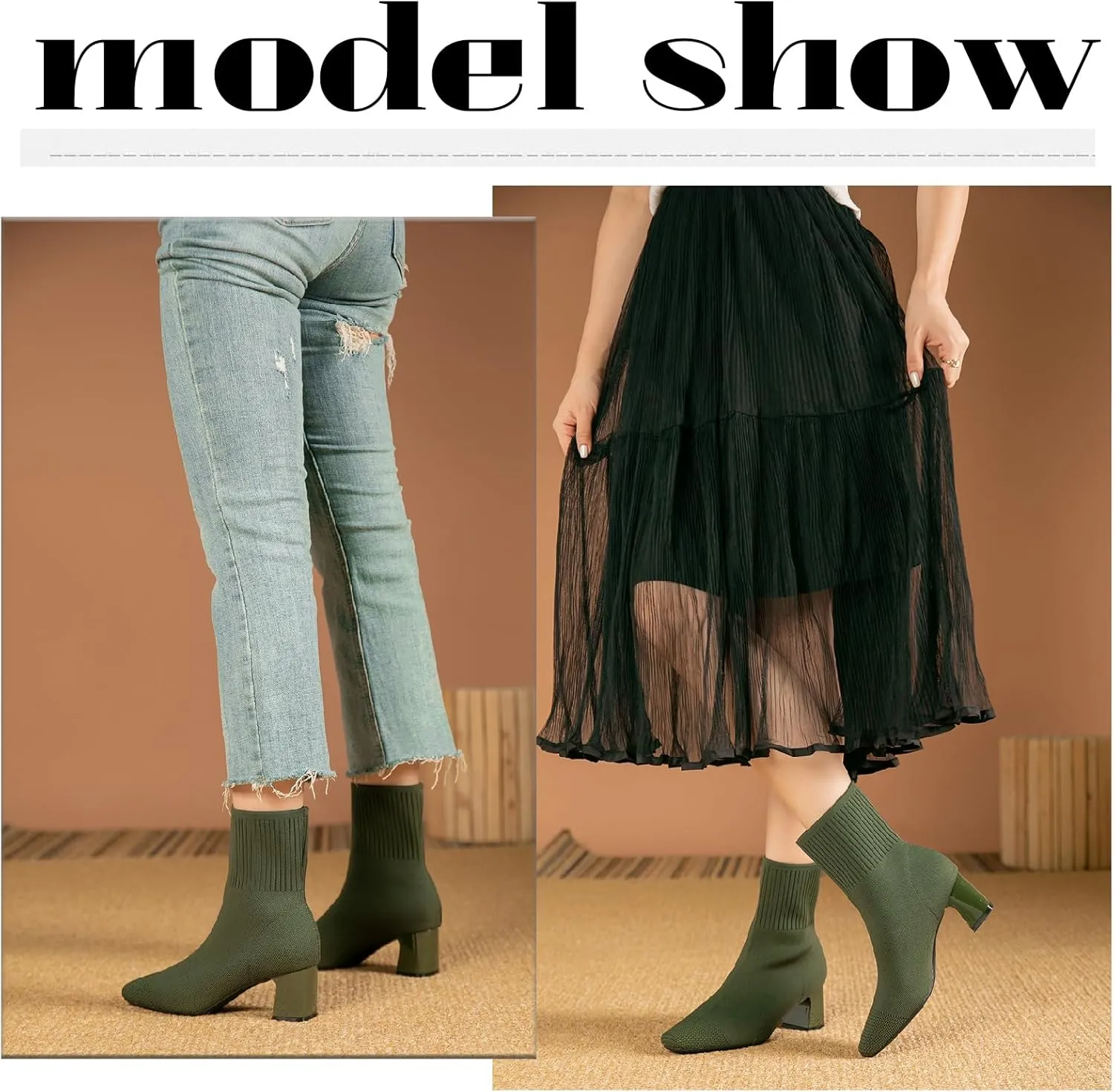 Women's Knit Chunky Heel Ankle Boots Fashion Square Toe Light Pull On Mid Heel Mid Calf Boots Comfortable Breathable Walking Dress Boots