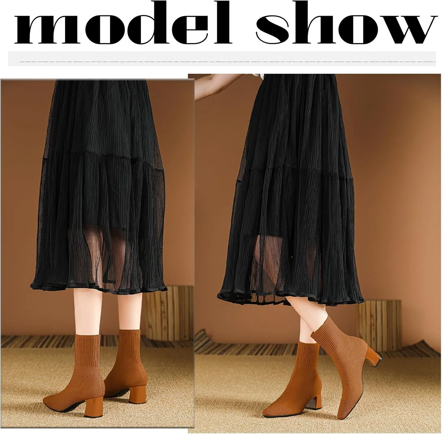 Women's Knit Chunky Heel Ankle Boots Fashion Square Toe Light Pull On Mid Heel Mid Calf Boots Comfortable Breathable Walking Dress Boots