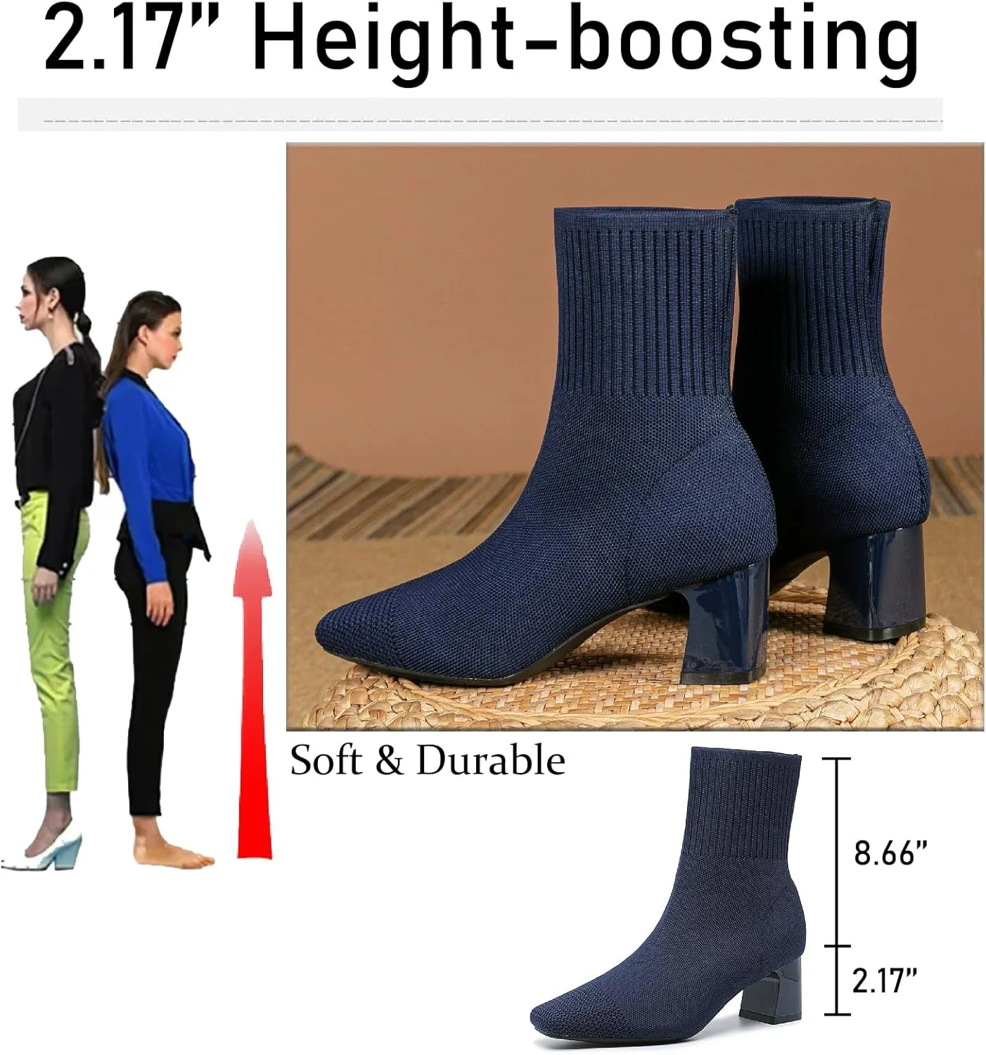 Women's Knit Chunky Heel Ankle Boots Fashion Square Toe Light Pull On Mid Heel Mid Calf Boots Comfortable Breathable Walking Dress Boots