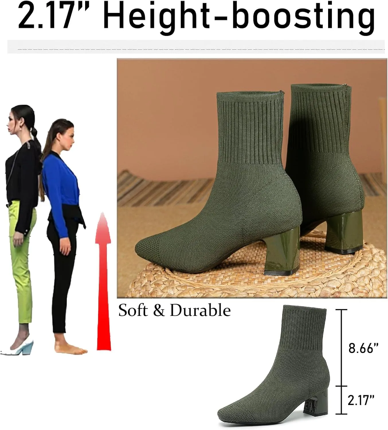 Women's Knit Chunky Heel Ankle Boots Fashion Square Toe Light Pull On Mid Heel Mid Calf Boots Comfortable Breathable Walking Dress Boots