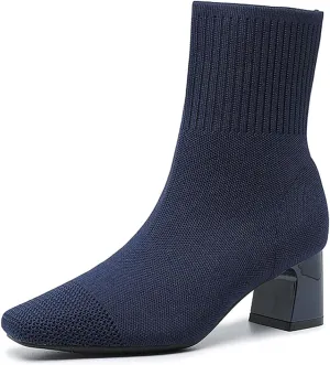 Women's Knit Chunky Heel Ankle Boots Fashion Square Toe Light Pull On Mid Heel Mid Calf Boots Comfortable Breathable Walking Dress Boots