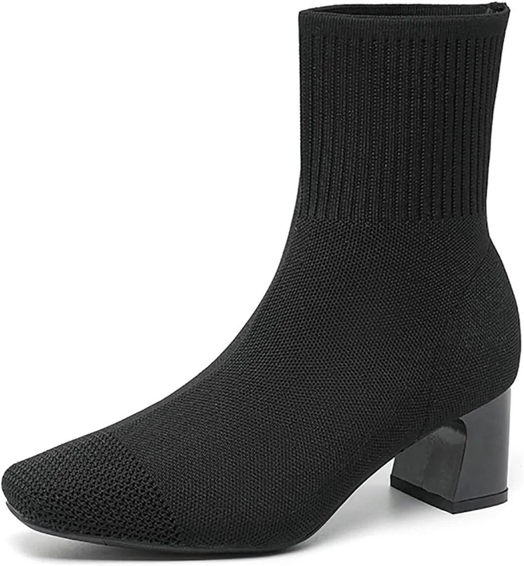 Women's Knit Chunky Heel Ankle Boots Fashion Square Toe Light Pull On Mid Heel Mid Calf Boots Comfortable Breathable Walking Dress Boots